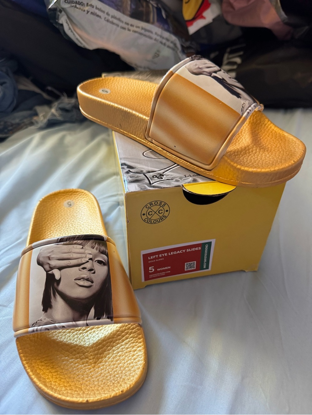 Metallic Gold Women's Slide Sandals with Graphic Strap